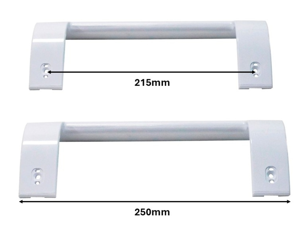 Dos tiradores blancos, uno de 215 mm y otro de 250 mm, se muestran sobre un fondo blanco. Las medidas se indican con flechas.