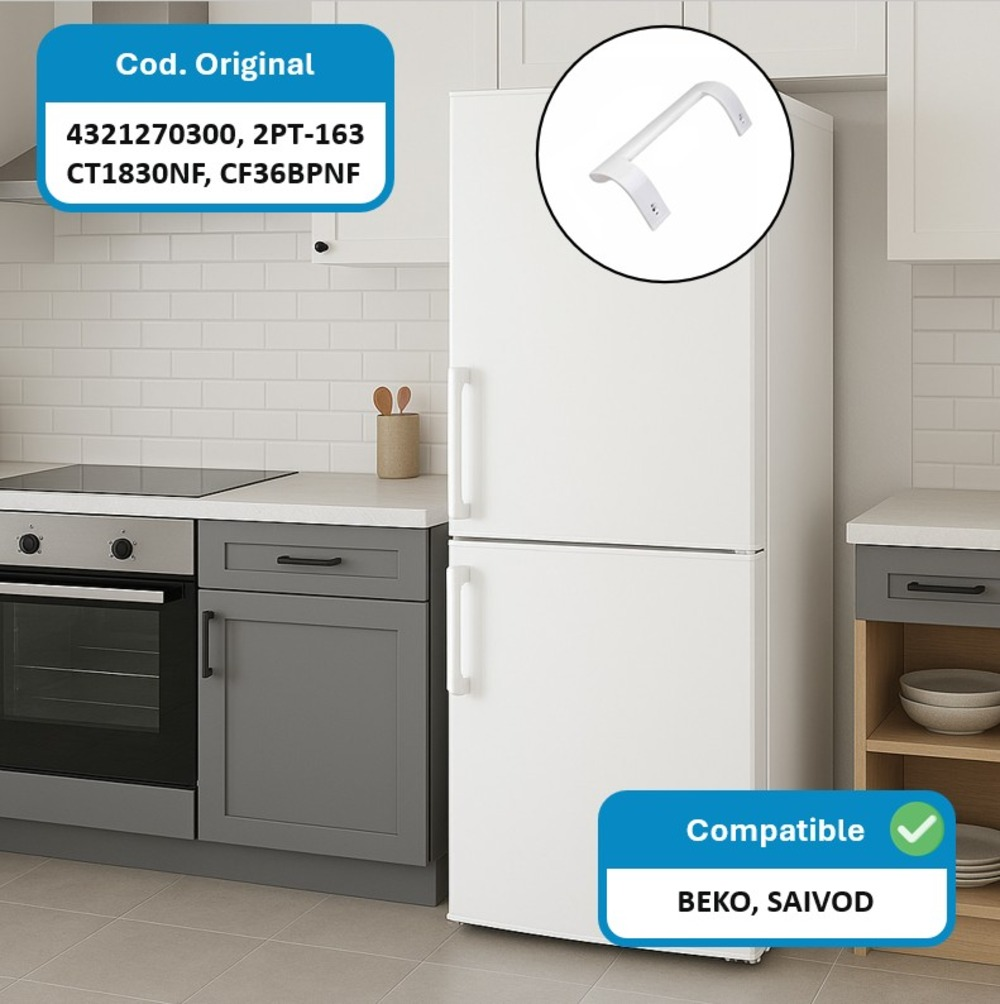Refrigerador blanco en una cocina. Se destaca un asa. El texto indica compatibilidad con Beko y Saivod.