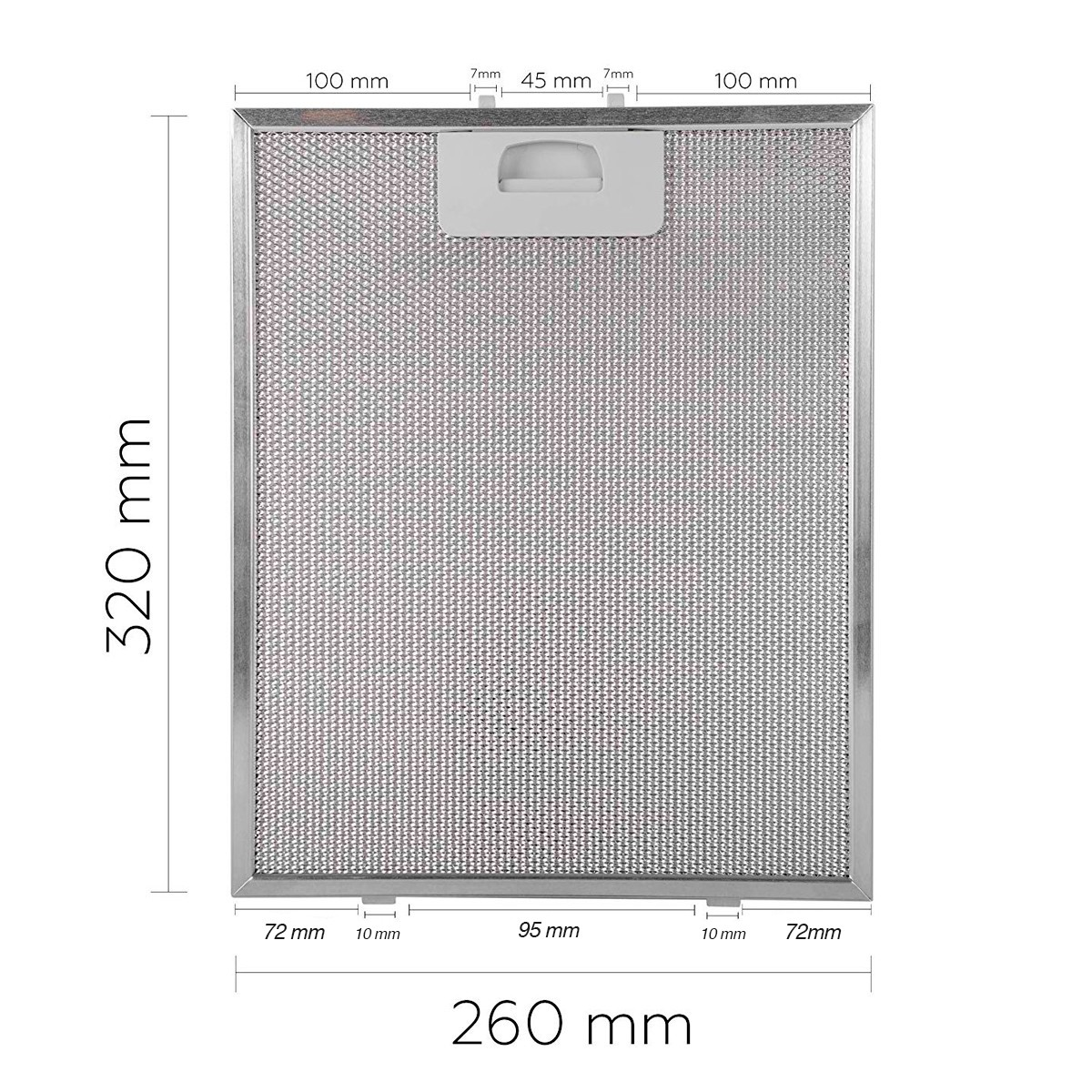 Un filtro de malla metálica rectangular con dimensiones etiquetadas. Tiene un asa y mide 320 mm de alto y 260 mm de ancho.