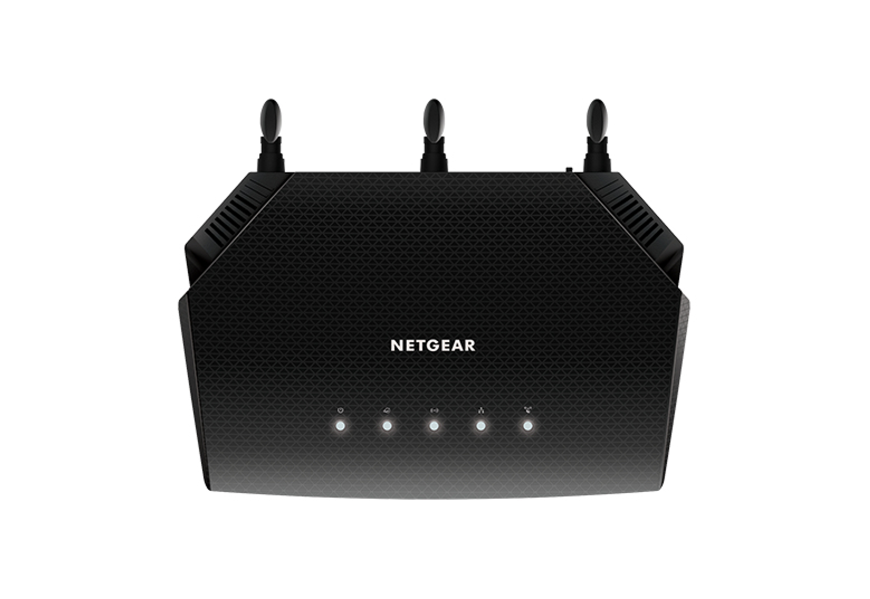 Czarny router Netgear z trzema antenami. Ma małe światła i logo Netgear. Tło jest jednolicie białe.