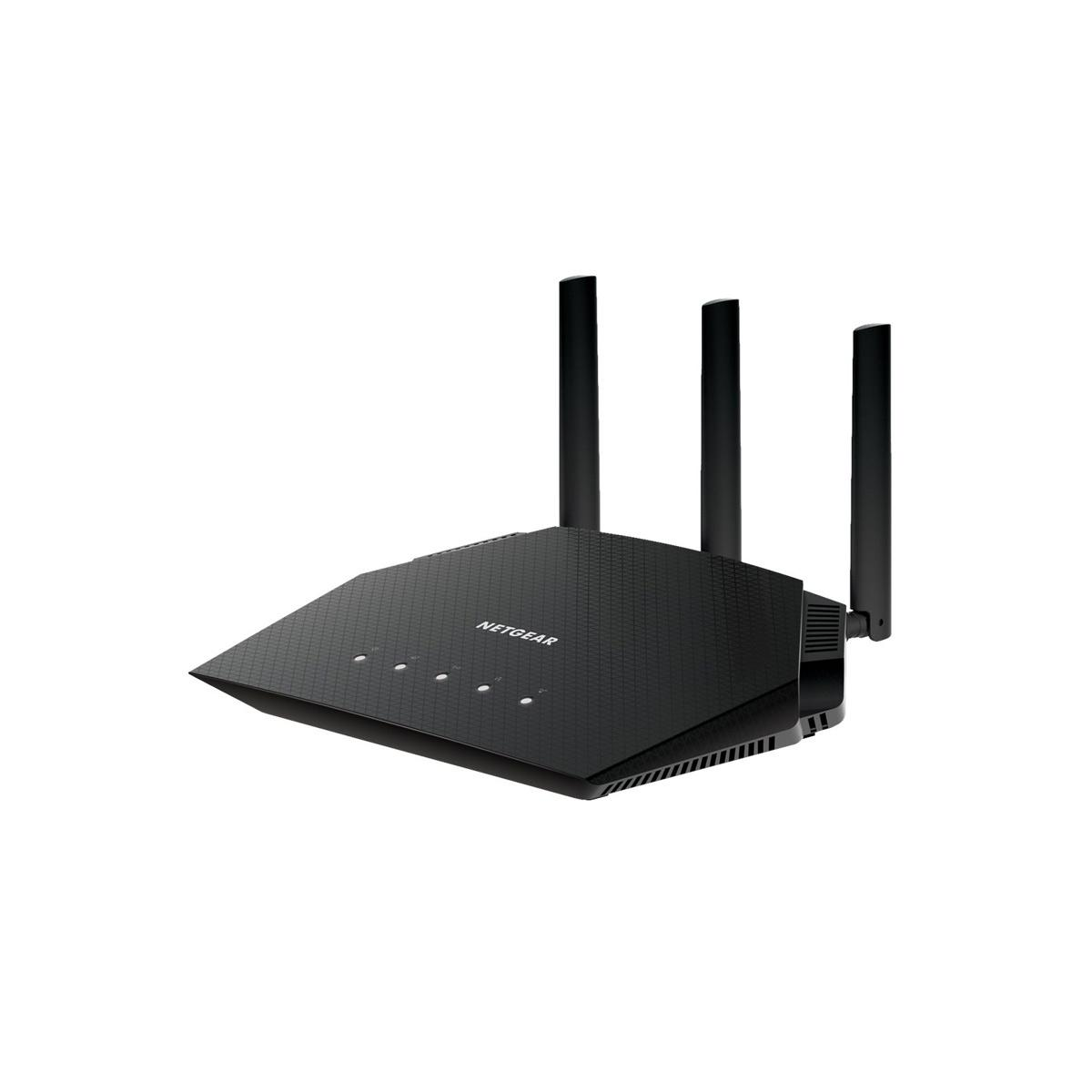 Czarny router NETGEAR z trzema pionowymi antenami. Router ma kontrolki i jest na białym tle.
