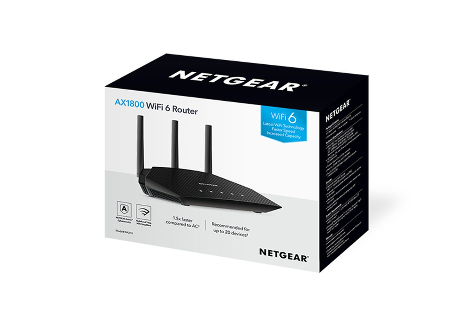 Pudełko routera Netgear AX1800 WiFi 6. Zawiera czarny router z antenami. Pudełko jest biało-czarne ze szczegółami produktu.