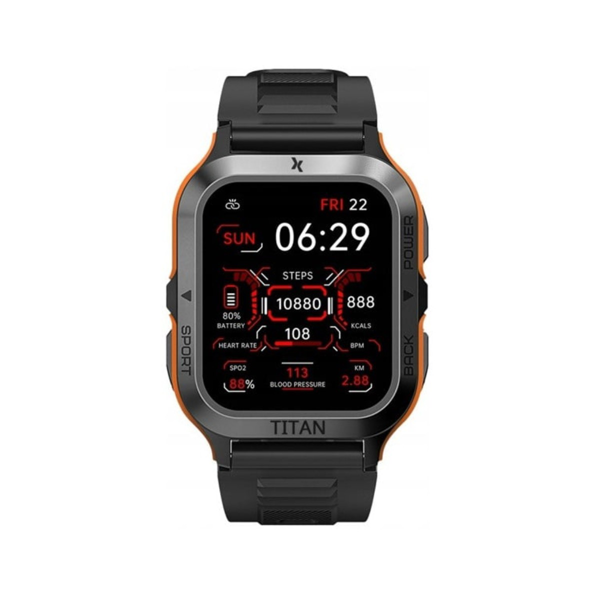 Eine schwarz-orange Titan-Smartwatch zeigt Zeit, Datum, Schritte, Akku, Herzfrequenz, SPO2, Blutdruck und Entfernung an.