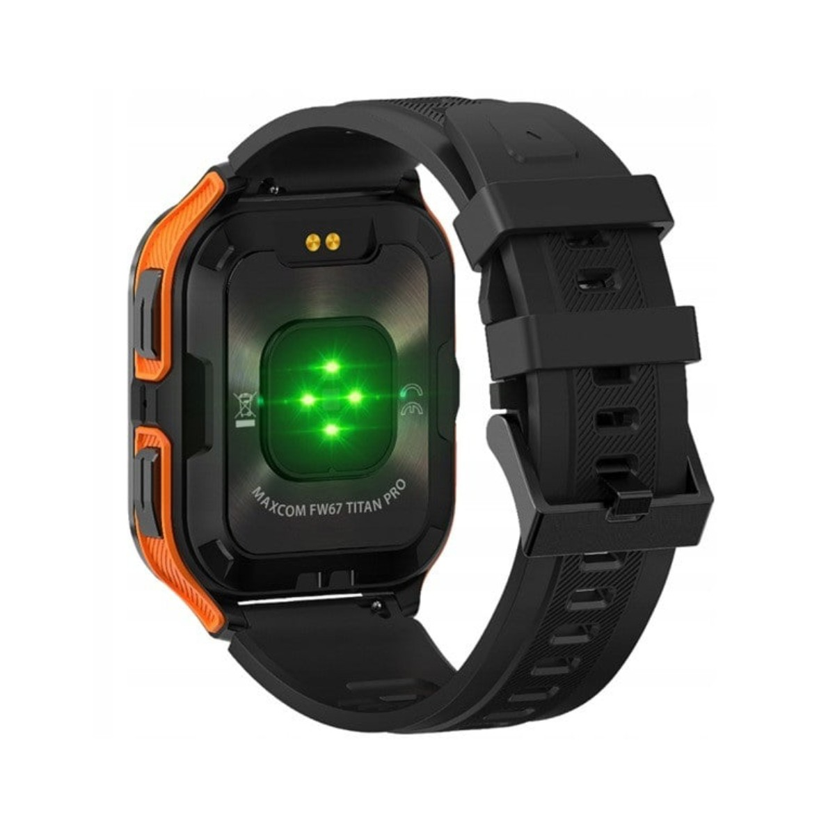 Eine schwarz-orange Smartwatch zeigt grüne Lichter, die die Herzfrequenzüberwachung anzeigen. Das Uhrenarmband ist schwarz.