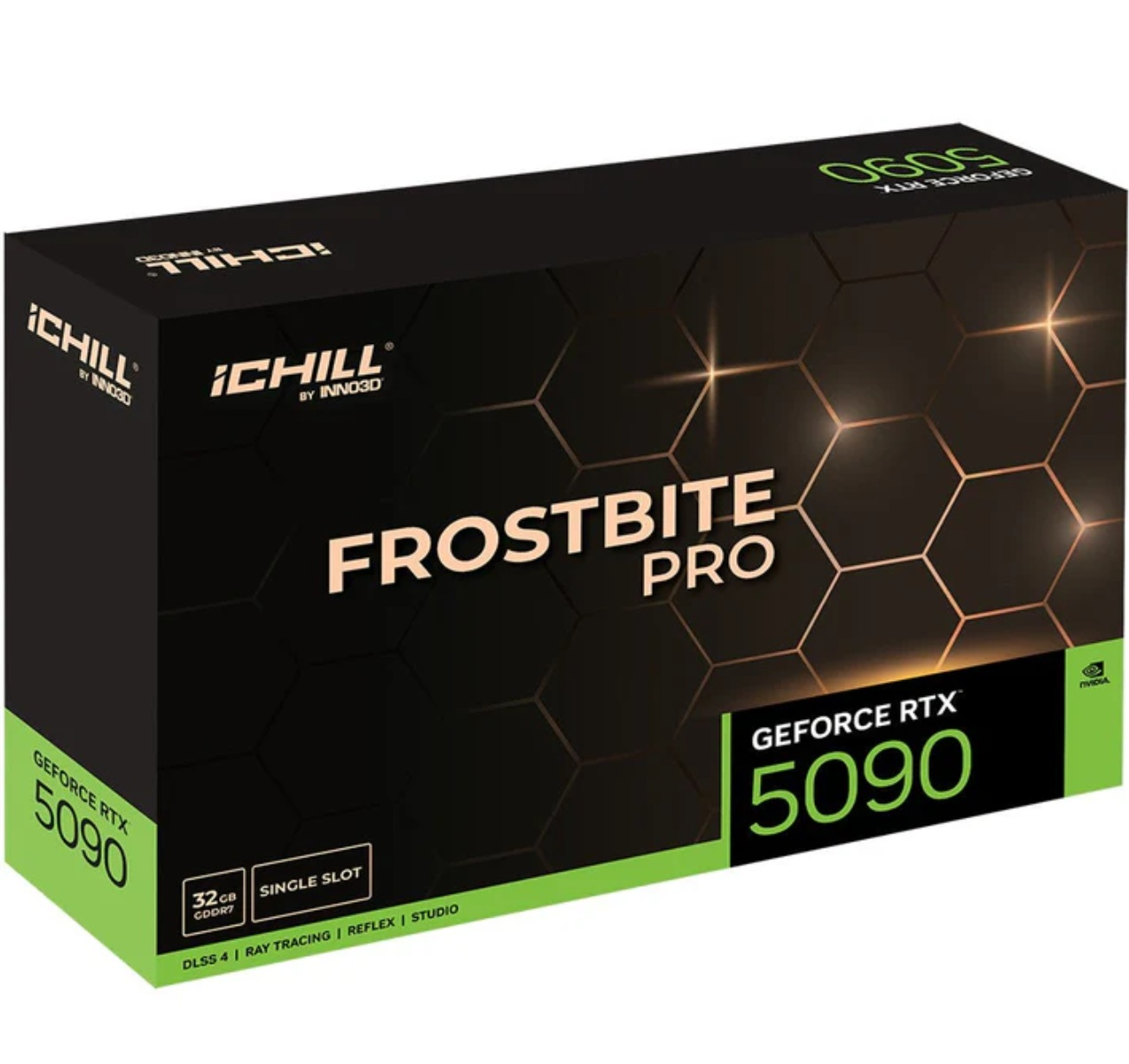 Una scatola nera e verde con il logo iChill, FROSTBITE PRO e il testo GeForce RTX 5090. Le caratteristiche includono DLSS 4 e Ray Tracing.