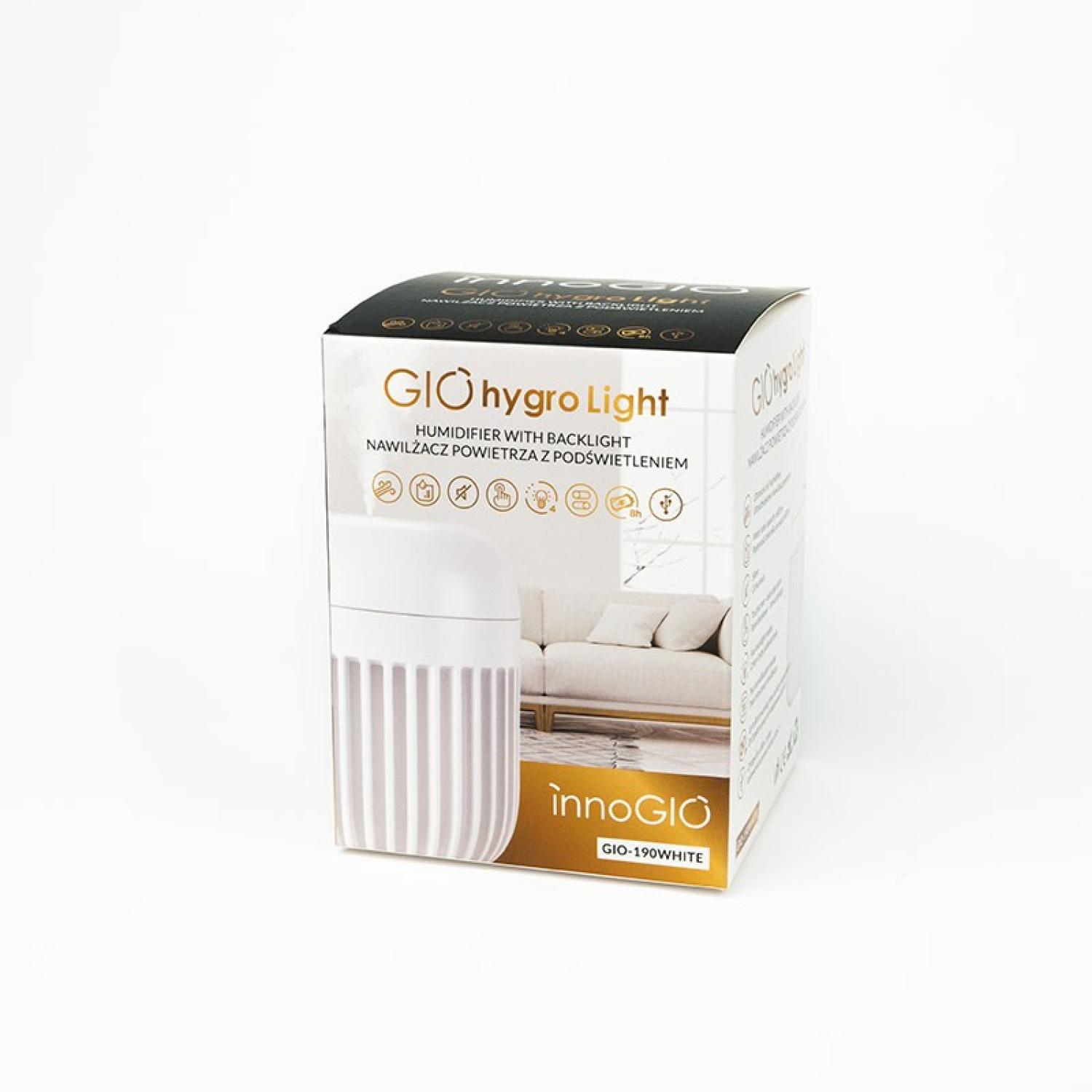 Una caja blanca con el nombre del producto 'GIO hygro Light' se muestra sobre un fondo blanco. Es un humidificador con retroiluminación.