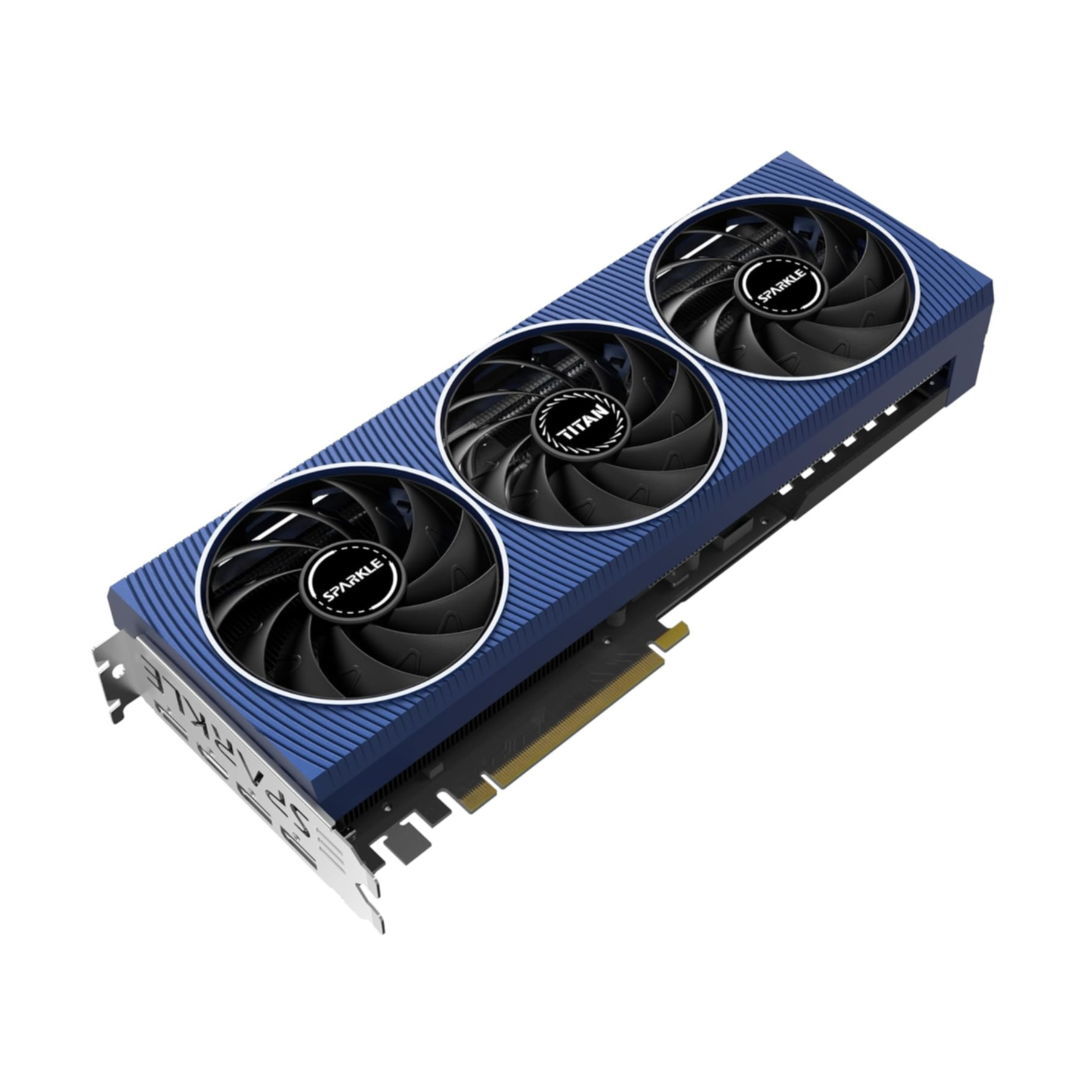 Niebiesko-czarna karta graficzna z trzema wentylatorami. Wentylatory są czarne z białymi logo. Karta jest na białym tle.