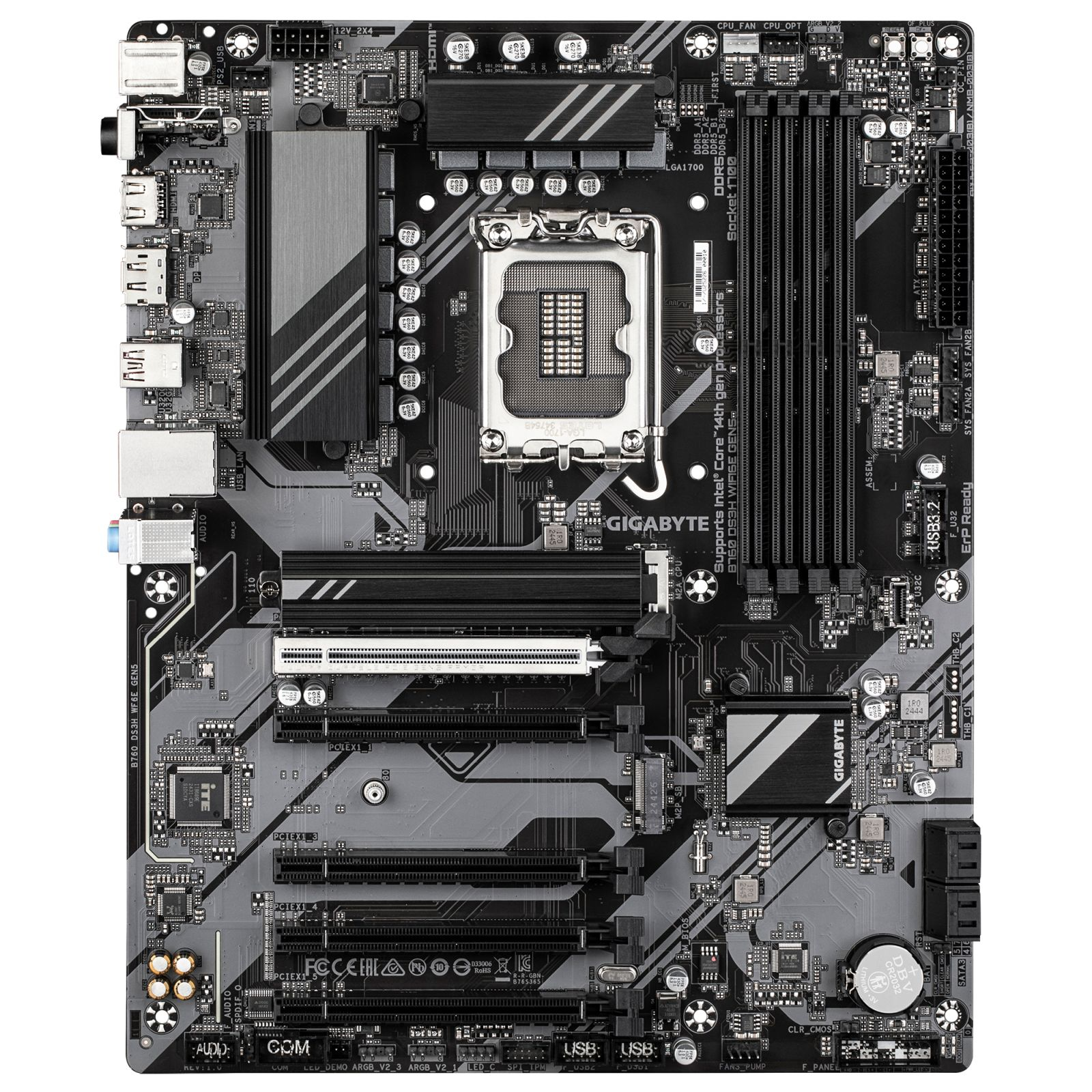 Czarna i szara płyta główna Gigabyte. Posiada różne gniazda i komponenty, gniazdo CPU oraz baterię.