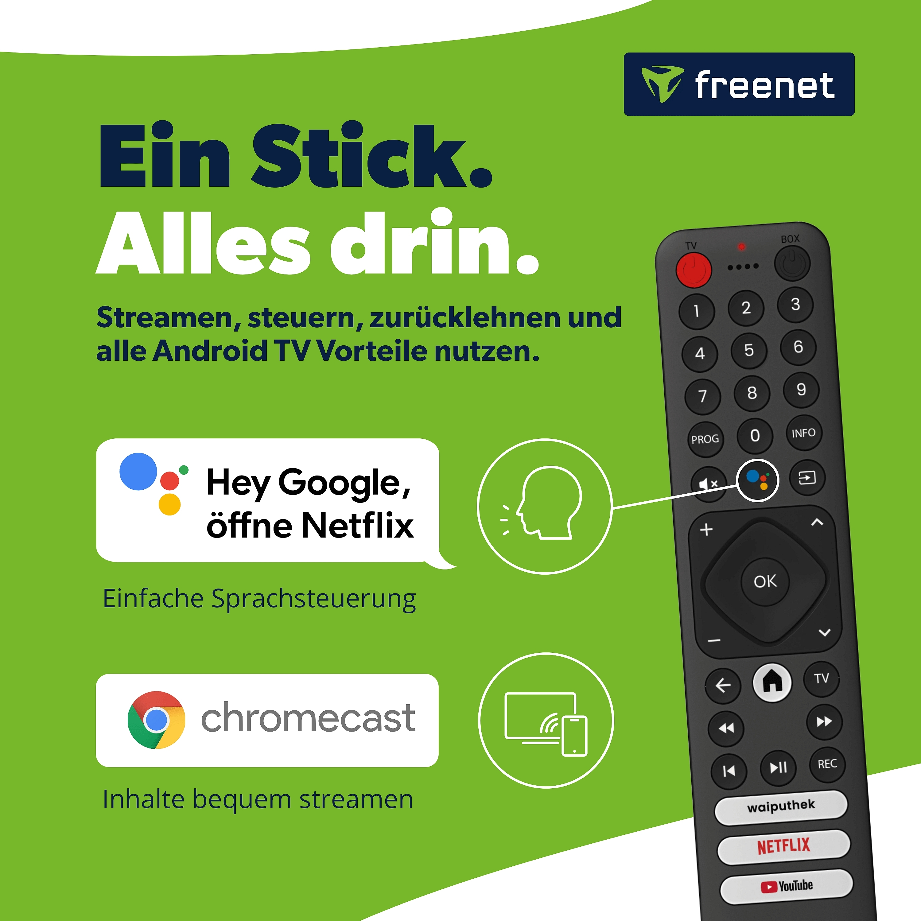 Das Bild zeigt eine Fernbedienung und Text über Streaming-Dienste wie Netflix. Grüner Hintergrund mit Freenet-Logo.