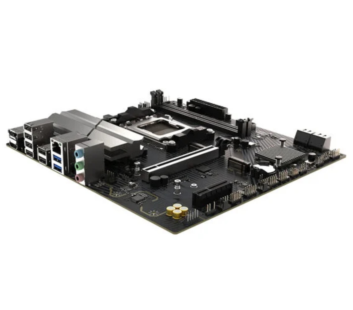 Czarna płyta główna komputera z różnymi portami, gniazdami i złączami. Zawiera gniazda RAM, gniazdo procesora i inne elementy.