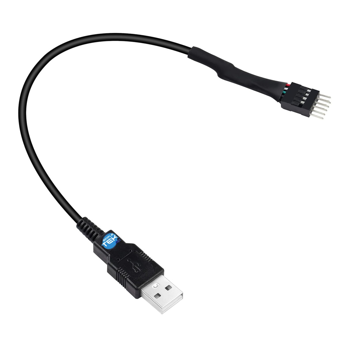 Un cavo USB nero con un connettore USB a un'estremità e un connettore con pin all'altra, su sfondo bianco.