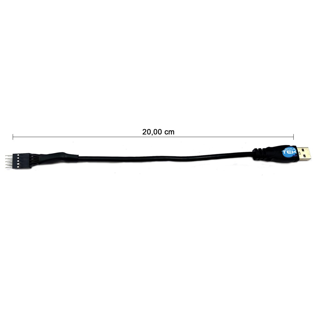 Un cavo USB nero, lungo 20 cm, con un connettore a un'estremità e una porta USB all'altra. L'etichetta 'Simple Tek' è visibile.
