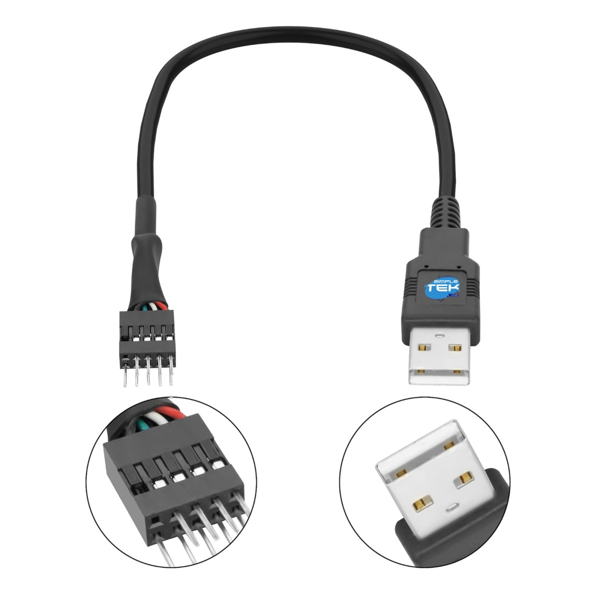 Un cavo USB nero con due connettori: USB-A e header. Due cerchi mostrano i dettagli dei connettori. Lo sfondo è bianco.
