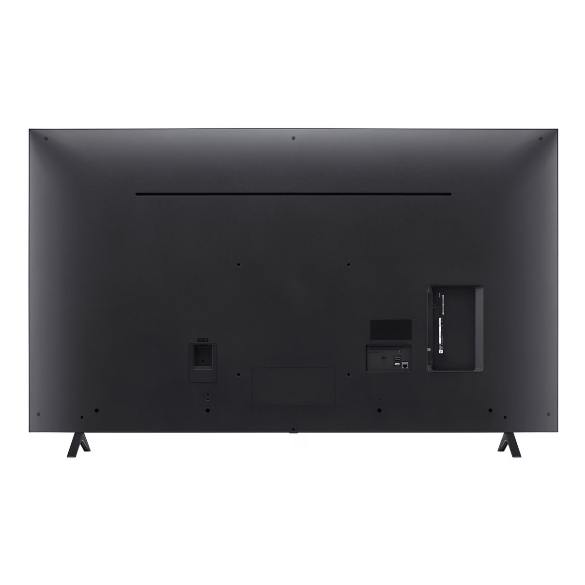 Tył dużego, ciemnoszarego telewizora. Widoczne porty, nóżki i wejście zasilania. Ekran jest pusty.