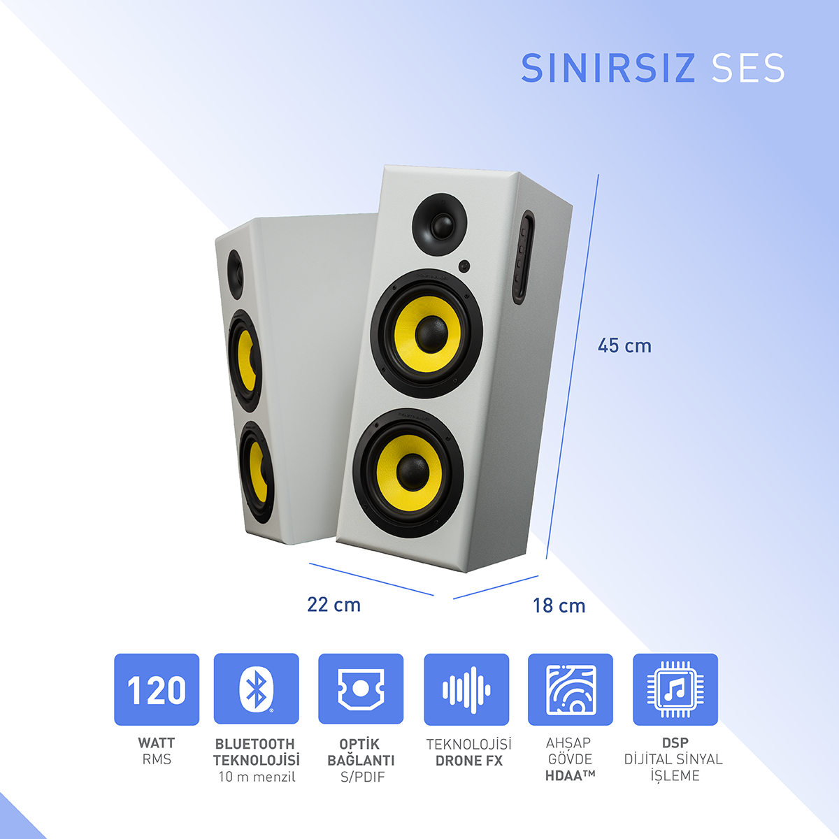 Sarı hoparlörlü iki gri hoparlör. Görüntü ayrıca Bluetooth ve DSP dahil olmak üzere hoparlörlerin özellikleri hakkında metin içerir.