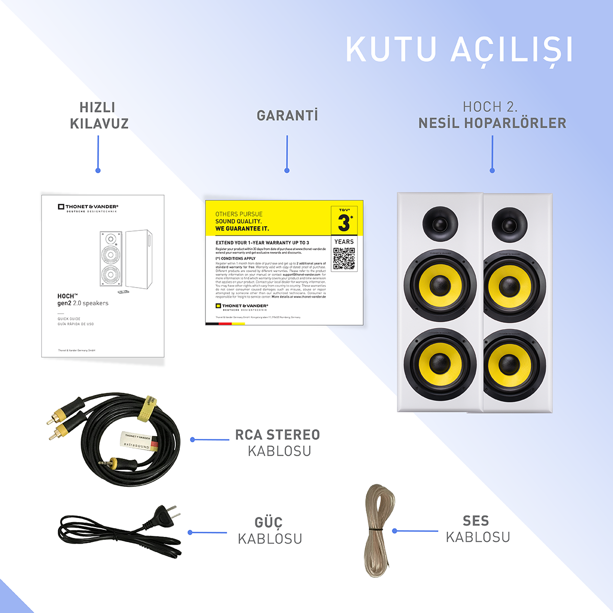 Görüntü hoparlör bileşenlerini gösterir: hoparlörler, kablolar, garanti bilgileri ve hızlı kılavuz.