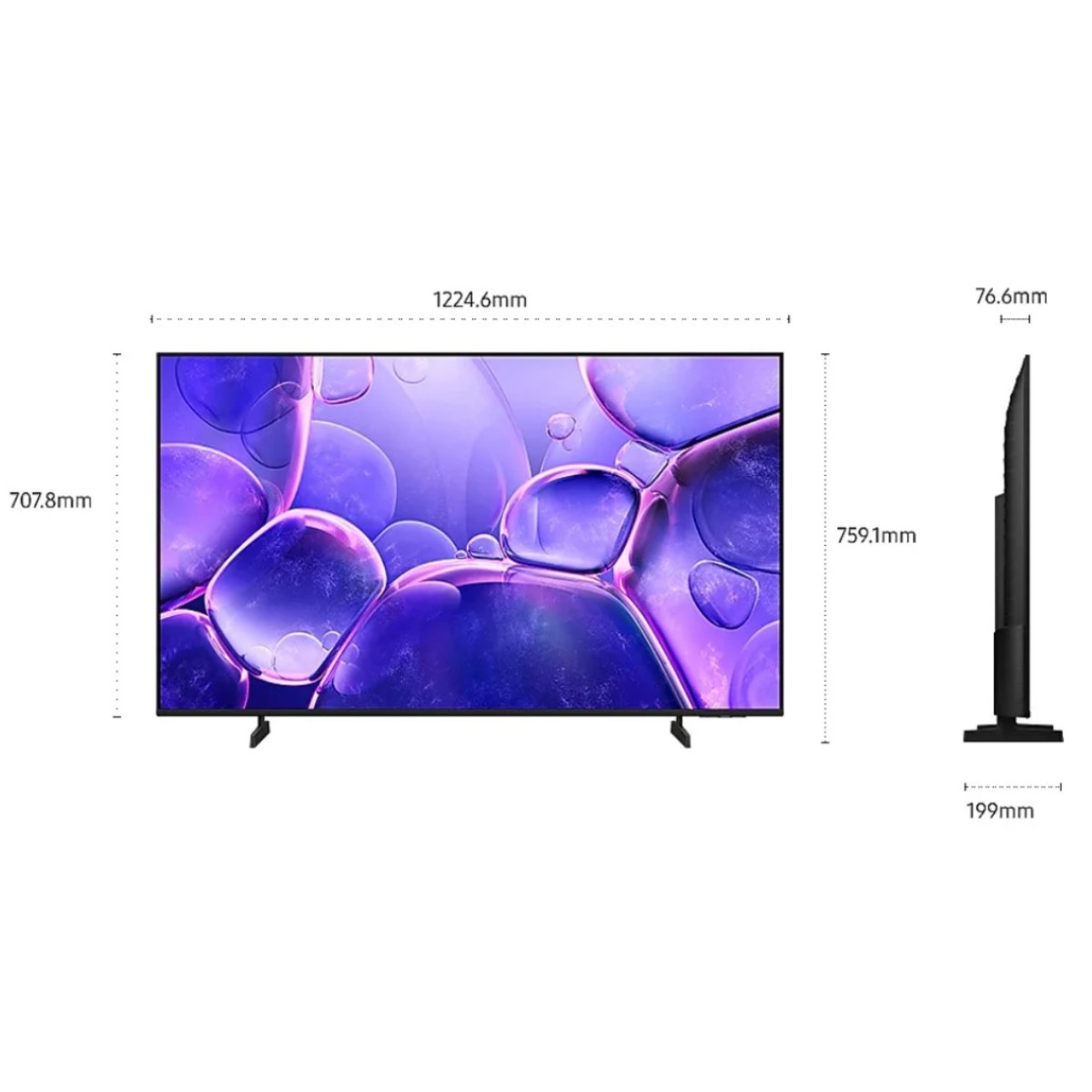 Telewizor wyświetla fioletowy abstrakcyjny obraz. Wymiary: 1224,6 mm szerokości, 707,8 mm wysokości. Widok z boku pokazuje 76,6 mm głębokości i 199 mm podstawy.