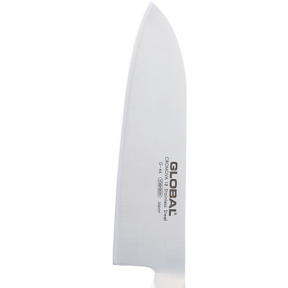 Nahaufnahme einer Edelstahl-Global-Messerklinge. Die Klinge ist scharf, mit Text 'GLOBAL' und 'CROMOVA 18 Stainless Steel'.