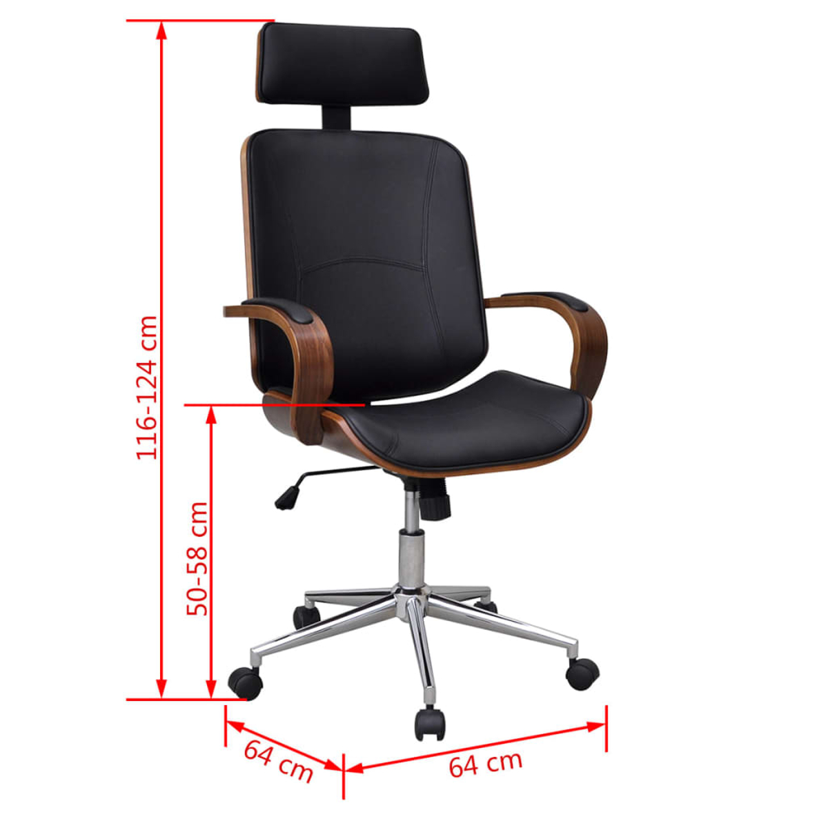 Schwarzer Bürostuhl mit Holzarmlehnen und Kopfstütze, Maße rot dargestellt. Maße: 116-124cm Höhe, 50-58cm Breite, 64cm Basis.