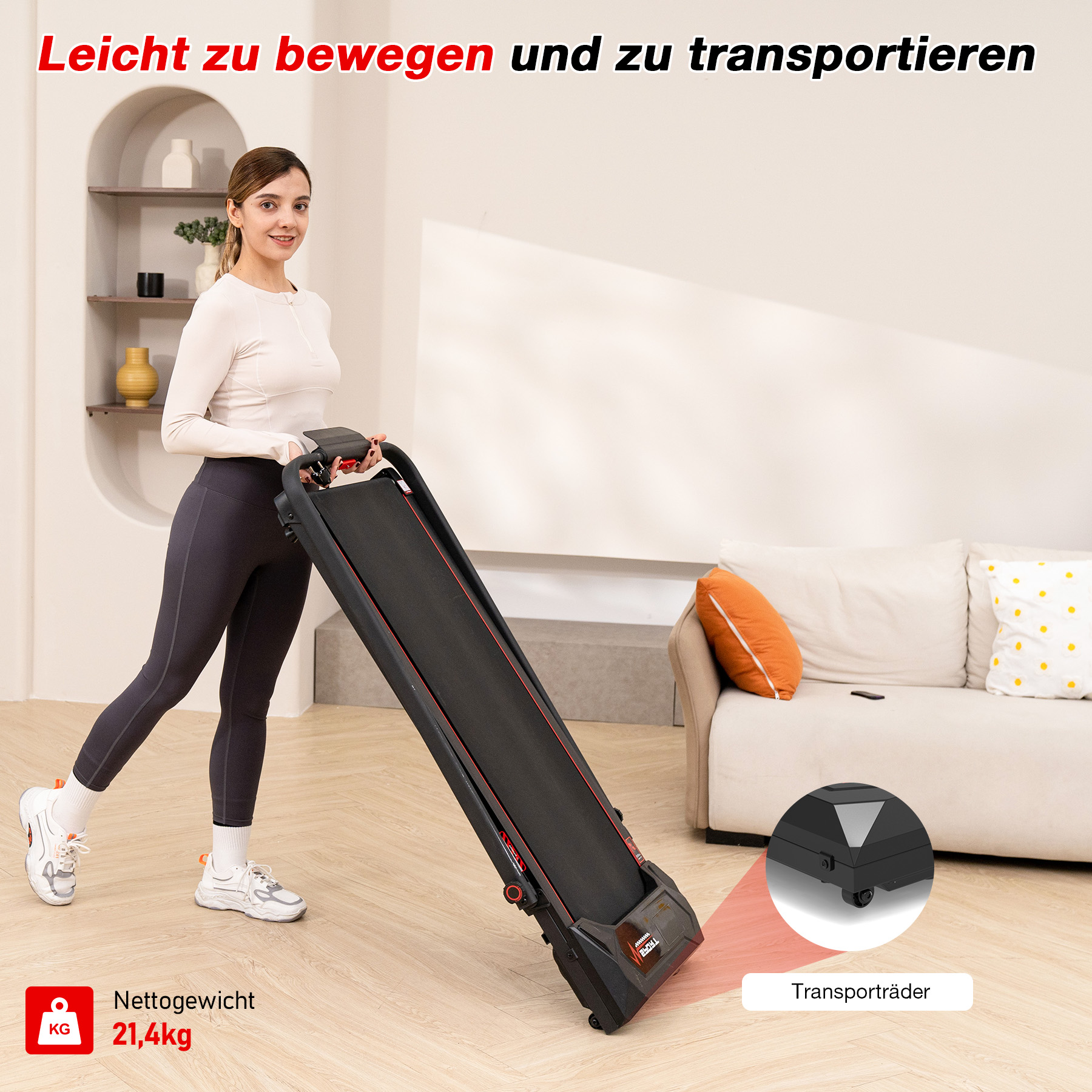 Eine Frau hält ein Laufband. Text sagt 'Leicht zu bewegen'. Ein Sofa und Regale sind im Hintergrund.