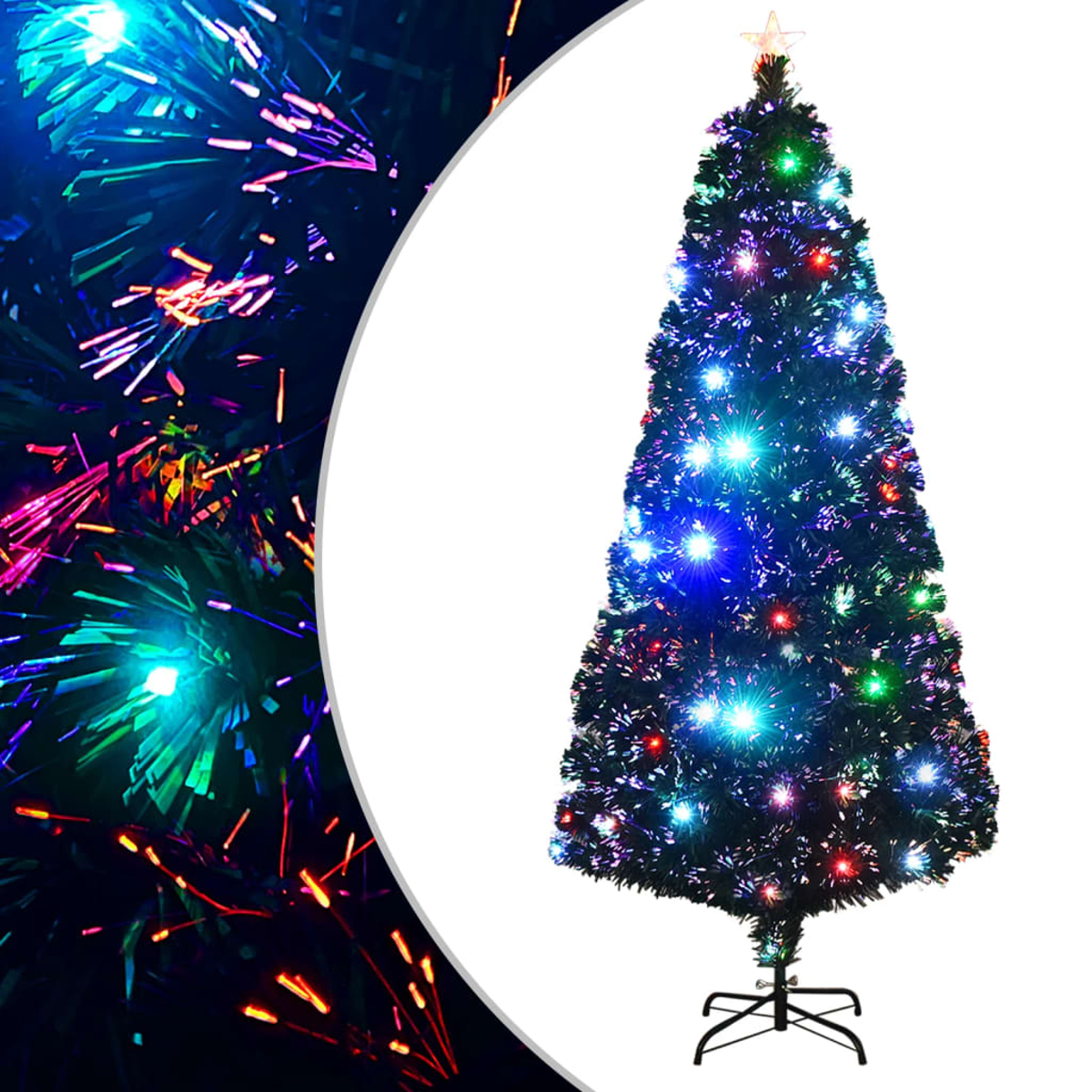Ein Weihnachtsbaum mit bunten Lichtern und einem Stern oben. Der Baum ist dunkel mit hellen Lichtern.