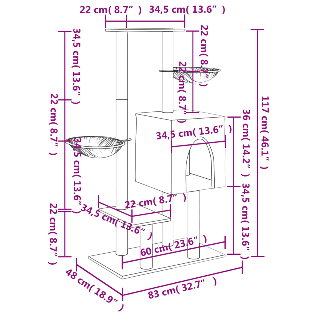 Ein Katzenbaum mit mehreren Ebenen, Plattformen und Kratzbäumen. Abmessungen und Maße sind auf dem Aufbau angegeben.