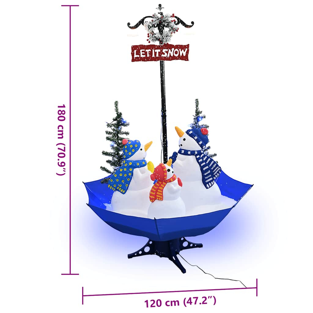 Eine Weihnachtsdekoration mit drei Schneemännern in einem blauen Regenschirm und einem Schild mit der Aufschrift 'Let it snow'.