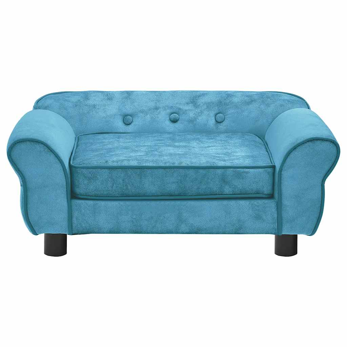 Ein kleines, türkisfarbenes Hundesofa mit abgerundeten Armlehnen, Knopflehne und schwarzen Beinen. Das Kissen ist heller türkis.