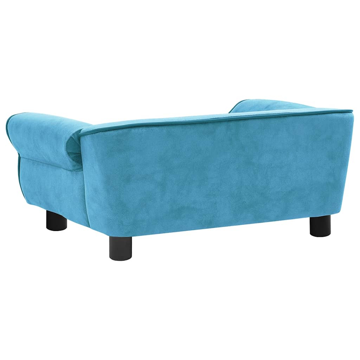 Ein türkisfarbenes Sofa mit schwarzen Beinen. Es ist ein kleines Sofa, das von hinten betrachtet wird, vor einem schlichten weißen Hintergrund.