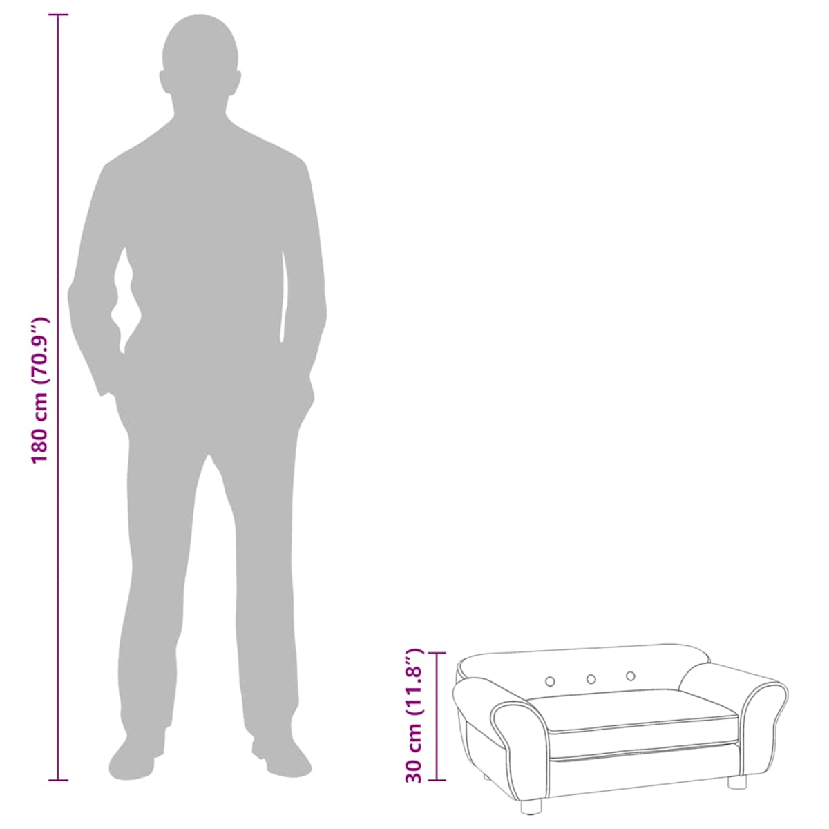 Eine graue Silhouette eines Mannes steht neben einem kleinen Sofa. Maße von Höhe und Sofagröße werden angezeigt.
