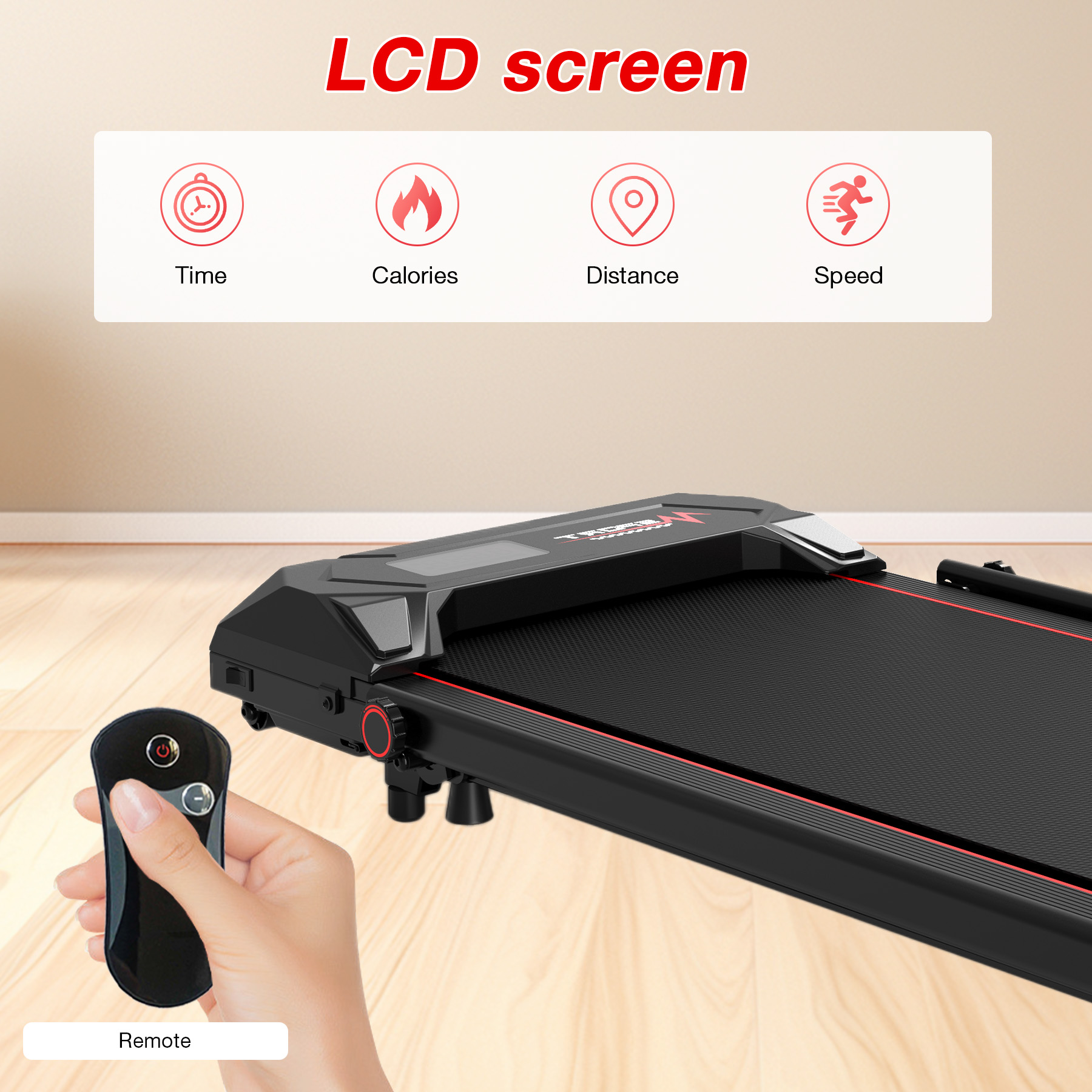 Treadmill with LCD screen showing time, calories, distance, and speed. A hand holds a remote control.