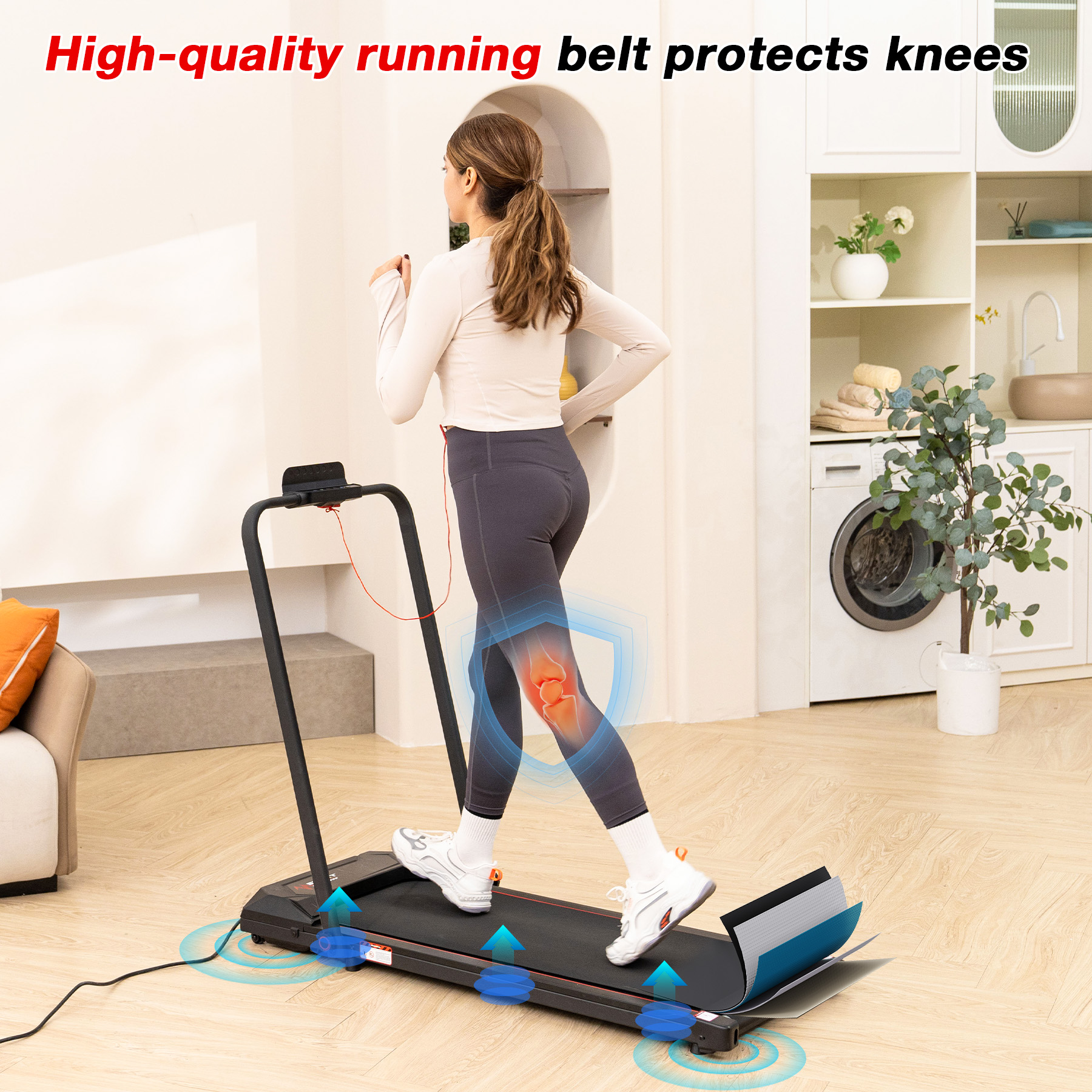 Woman running on a treadmill. The image highlights knee protection. Background includes a washing machine and cabinet.