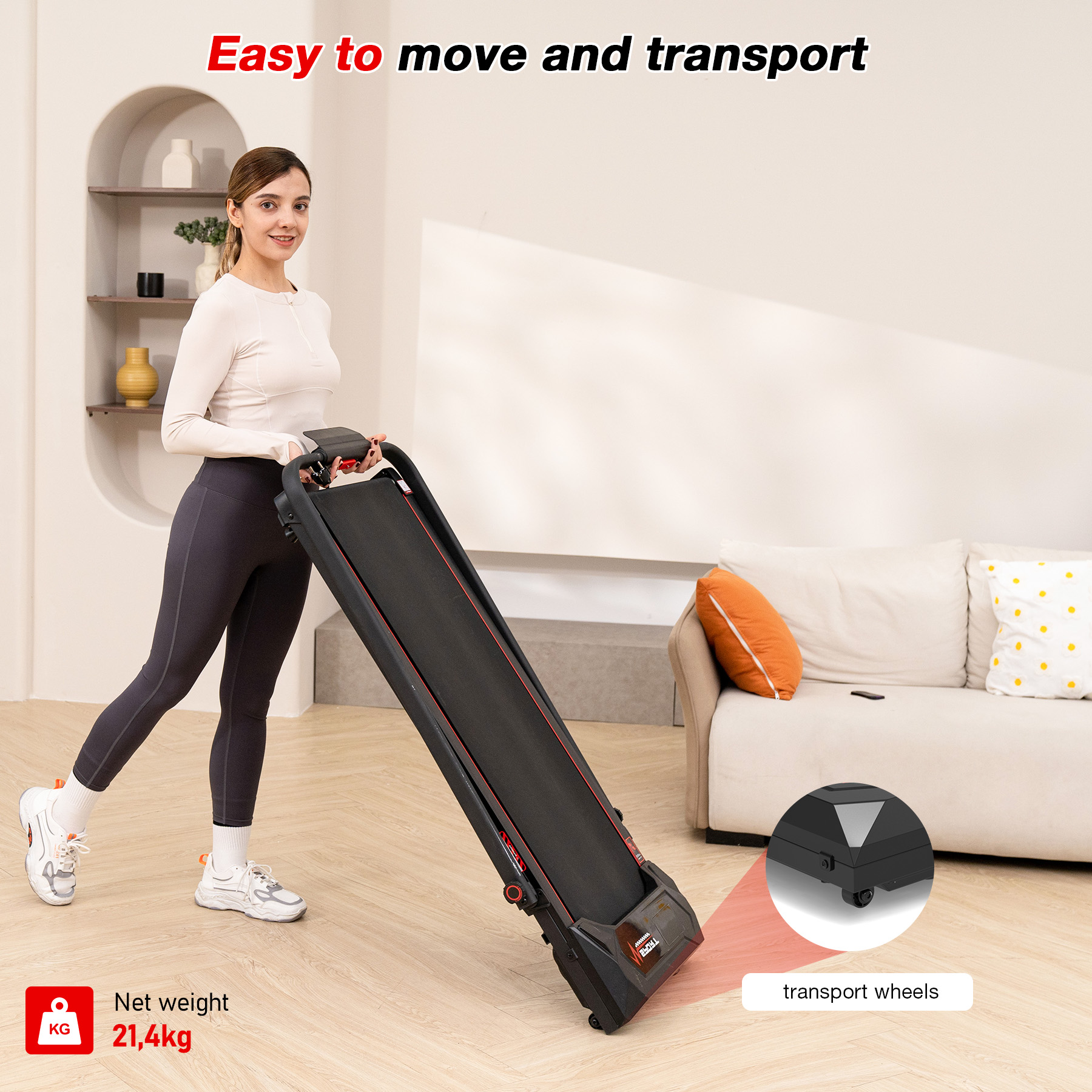 A woman carries a black treadmill with red accents indoors. Text reads 'Easy to move and transport' with a net weight of 21.4kg.