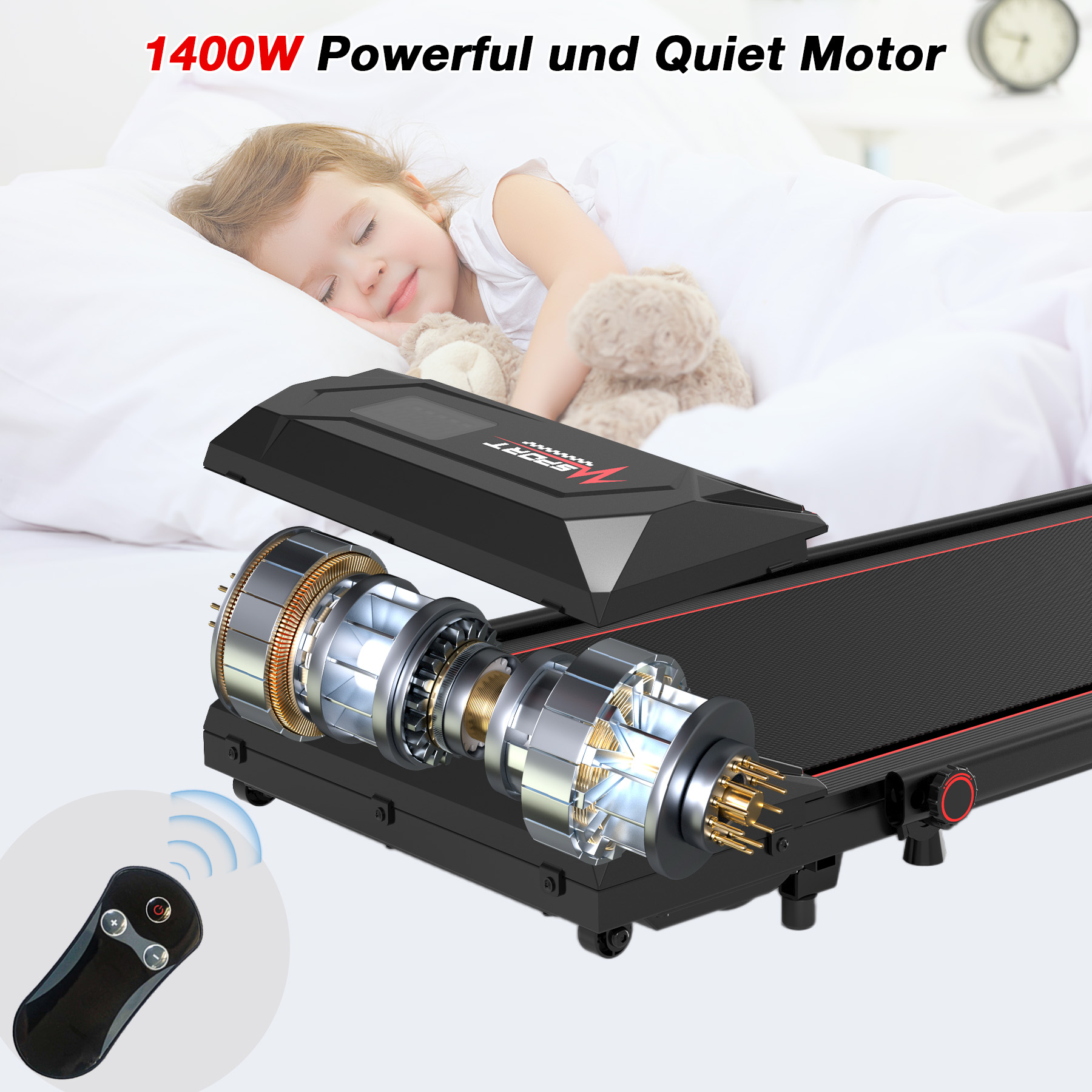 A sleeping child near a treadmill's engine with a remote control. Text says '1400W Powerful und Quiet Motor'.