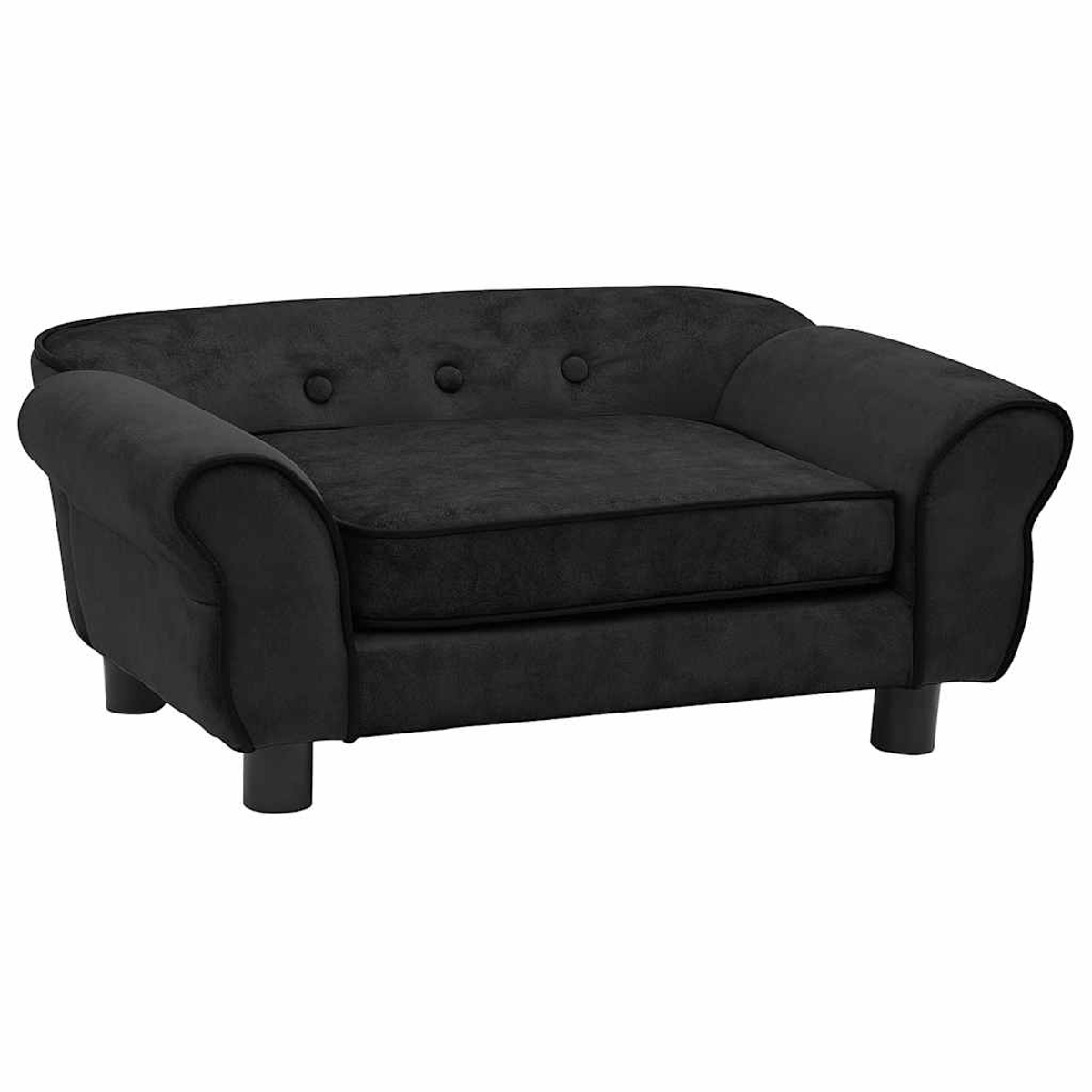 Ein kleines, schwarzes Hundesofa. Es hat einen gepolsterten Sitz, geschwungene Arme und drei Knöpfe auf der Rückenlehne. Es steht auf vier kurzen Beinen.