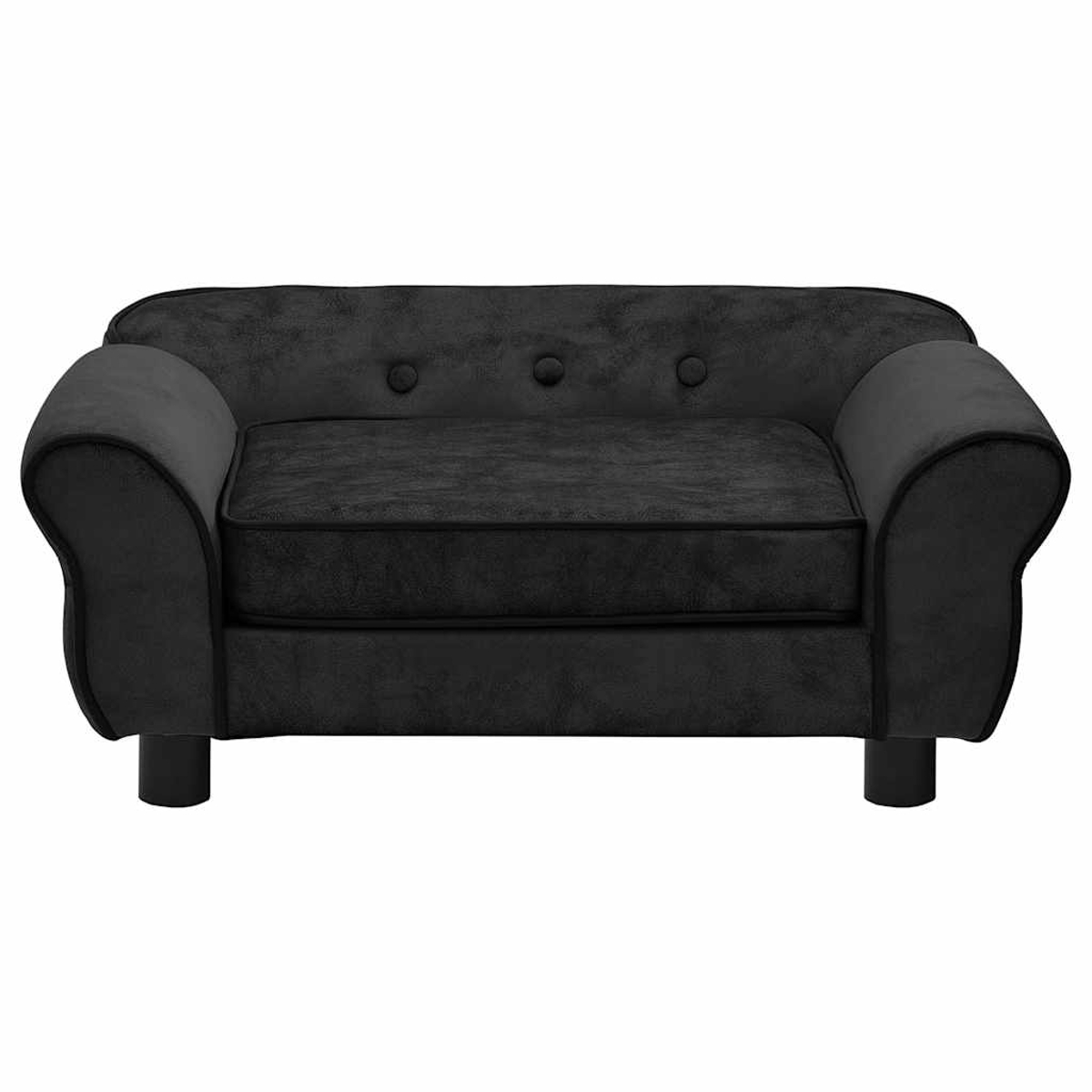 Ein kleines, schwarzes Hundesofa mit abgerundeten Armlehnen, einem gepolsterten Sitz und drei Knöpfen an der Rückenlehne. Es hat schwarze Beine.