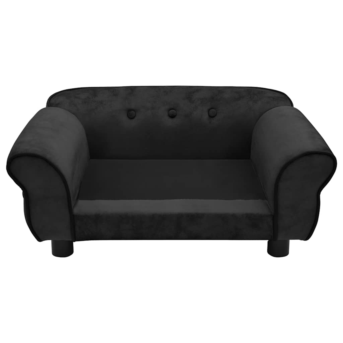 Ein kleines, schwarzes Sofa für Haustiere. Es hat abgerundete Arme, drei Knöpfe auf der Rückenlehne und kurze, runde Beine. Der Stoff wirkt samtig.