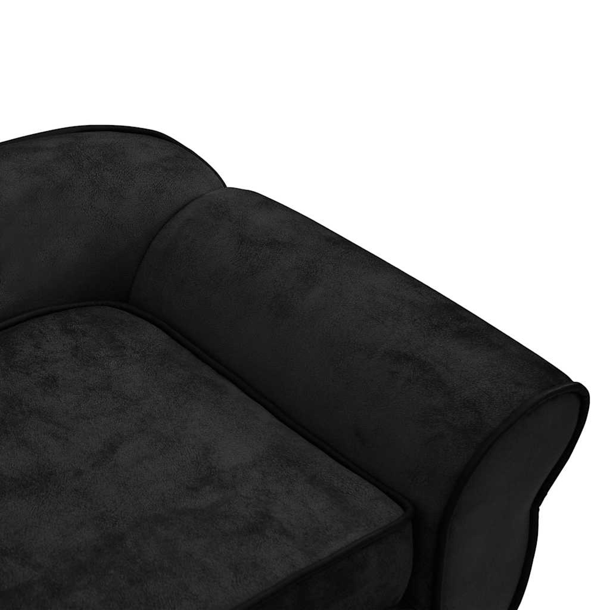 Nahaufnahme eines schwarzen Samtsofas. Armlehne und Sitz sind sichtbar. Der Hintergrund ist weiß.