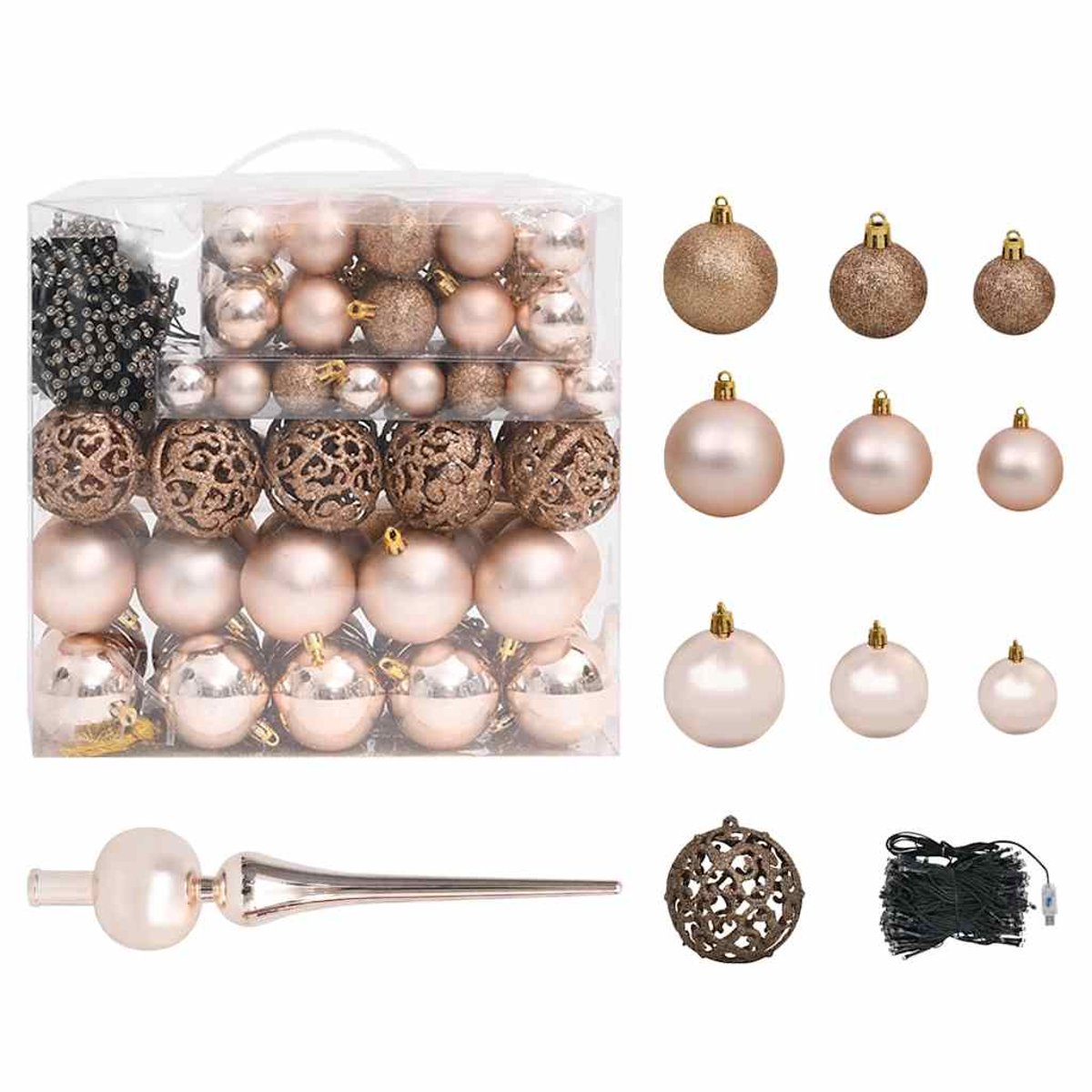 Eine Box mit Weihnachtsschmuck. Enthält goldene, rosafarbene und gemusterte Kugeln, Baumspitze, Lichter und eine dekorative Kugel.