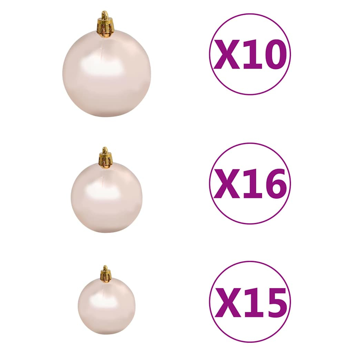 Drei perlmuttfarbene Weihnachtskugeln mit goldenen Spitzen. Daneben zeigen lila Kreise Mengen: X10, X16 und X15.