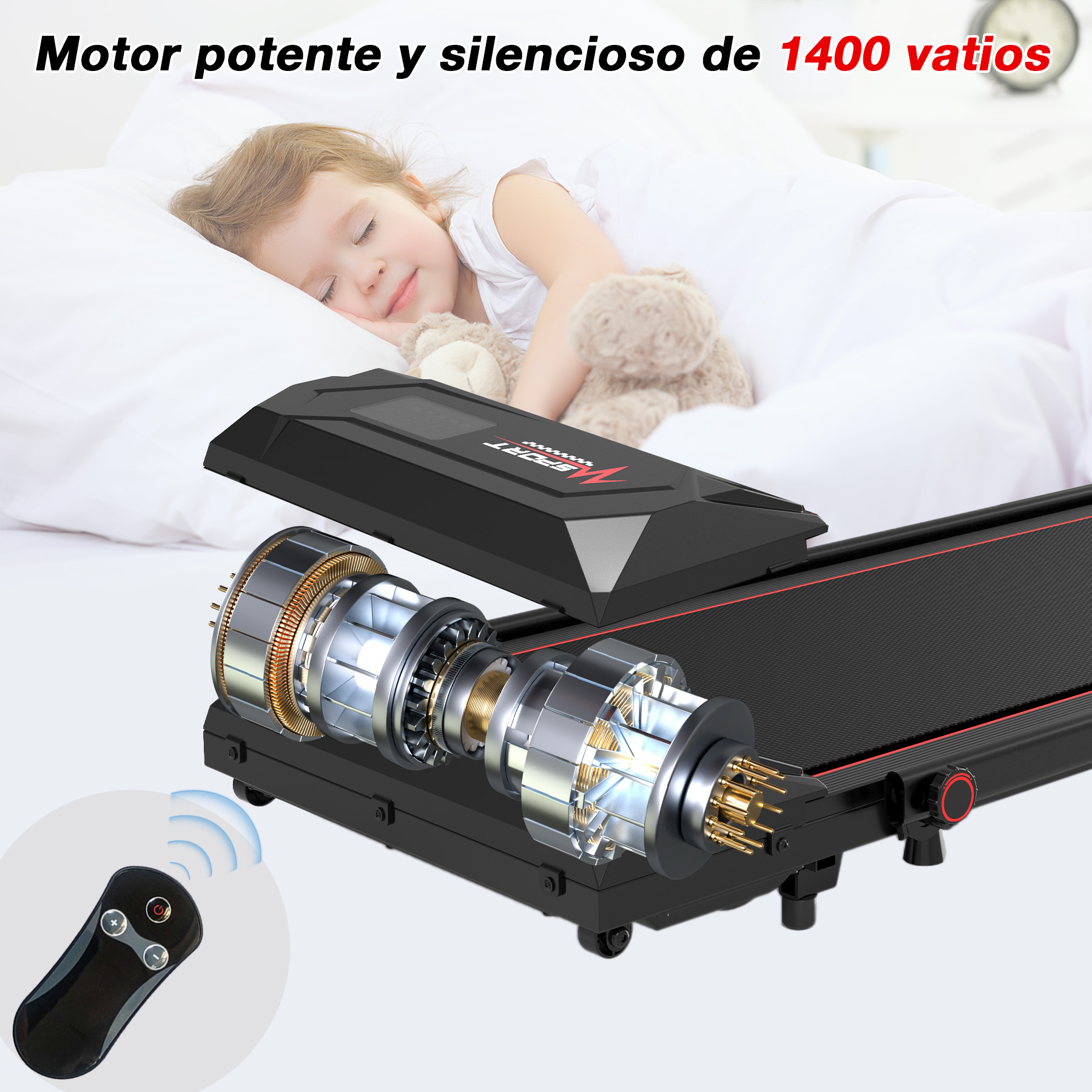 Un niño durmiendo en la cama. Una cinta de correr con una vista recortada del motor y un mando a distancia.