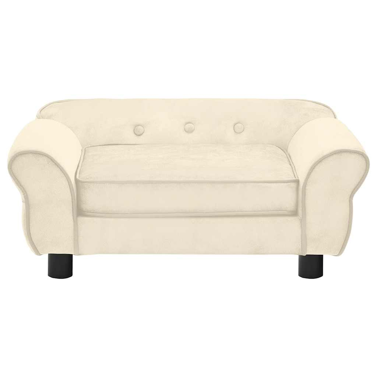 Ein kleines cremefarbenes Haustiersofa mit abgerundeten Armlehnen und Rückenlehne. Es hat drei Knöpfe und steht auf vier kurzen schwarzen Beinen.