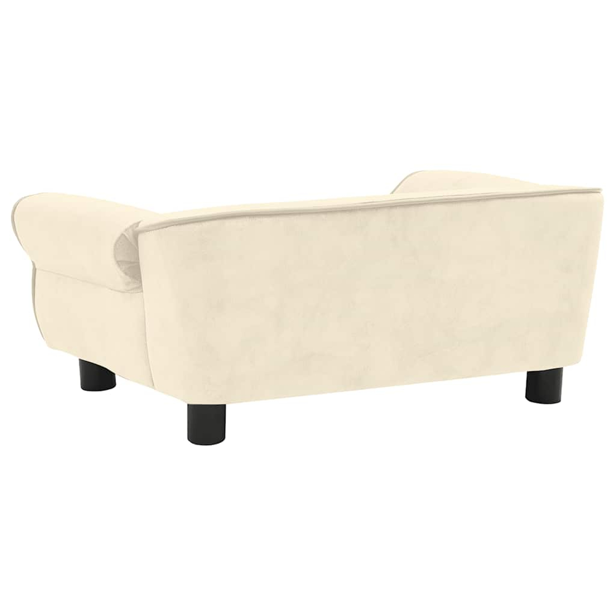 Cremefarbenes Sofa, Rückansicht. Mit abgerundeten Armlehnen, gerader Rückenlehne und schwarzen zylindrischen Beinen.