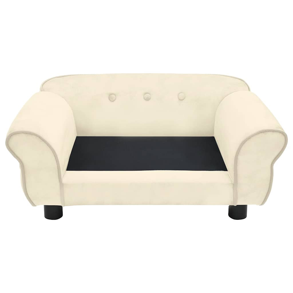 Cremefarbenes Haustiersofa mit schwarzer Sitzfläche, grauem Zierrat und drei Knopfdetails. Das Sofa hat abgerundete Arme und schwarze zylindrische Füße.