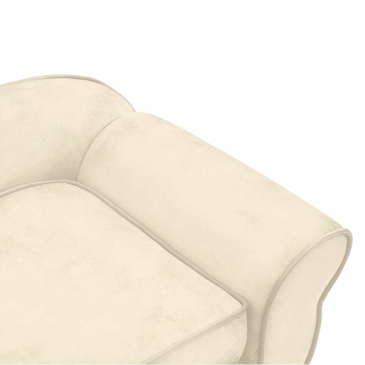 Nahaufnahme eines cremefarbenen Sofas. Armlehne und Kissen sind sichtbar, mit subtiler Textur. Weißer Hintergrund.