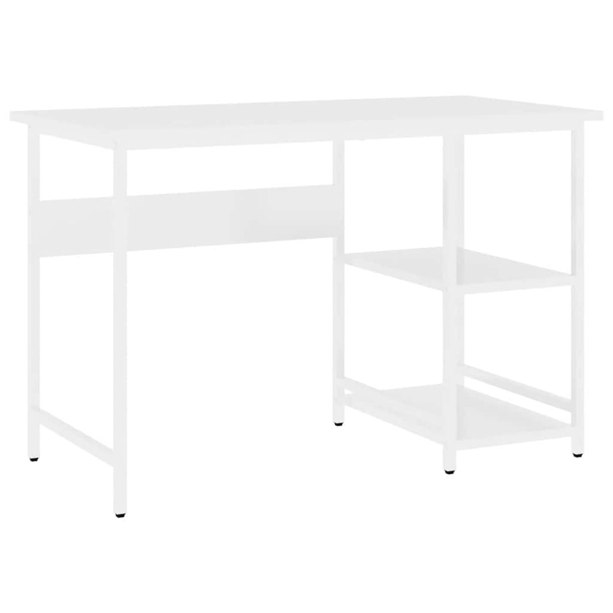 Ein weißer Schreibtisch mit rechteckiger Oberseite, einem Regal und zwei unteren Regalen auf der rechten Seite. Der Schreibtisch ist aus Metall.