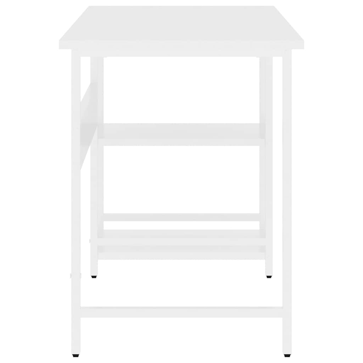 Ein weißer Schreibtisch mit rechteckiger Oberseite und Metallrahmen. Er hat ein Regal und zwei horizontale Stangen zur Unterstützung.