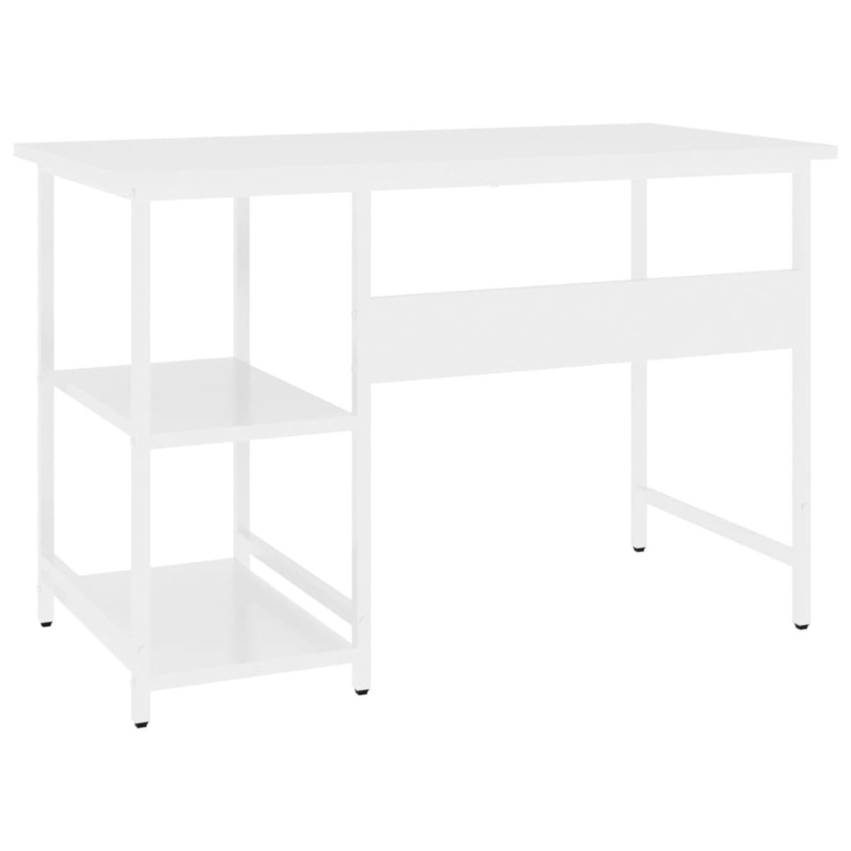 Ein weißer Schreibtisch mit Regalen links und Beinen rechts. Der Schreibtisch hat eine rechteckige Oberseite und eine horizontale Stütze.