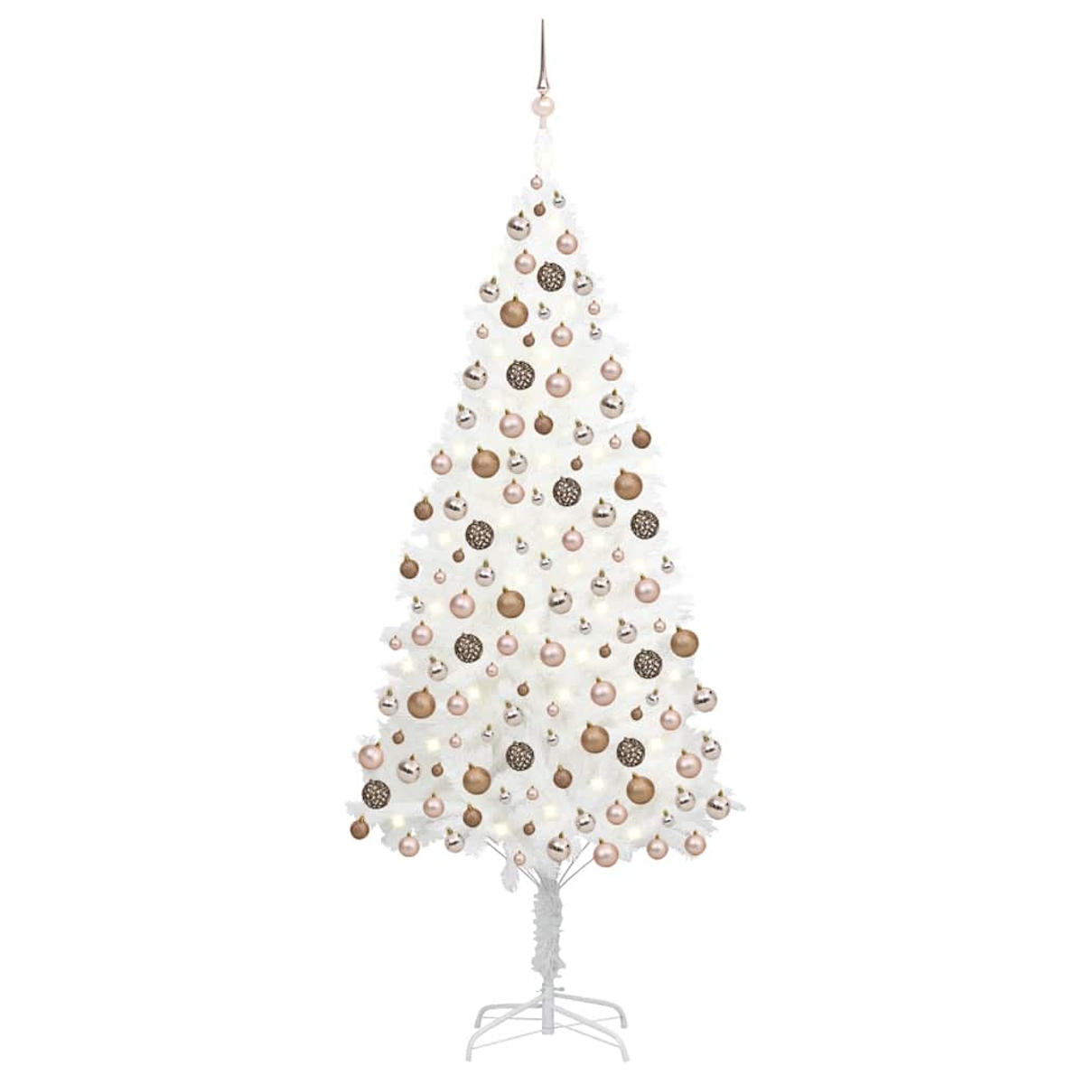 Ein weißer Weihnachtsbaum, geschmückt mit goldenen, roségoldenen und gemusterten Ornamenten. Der Baum steht auf einem weißen Metallständer.