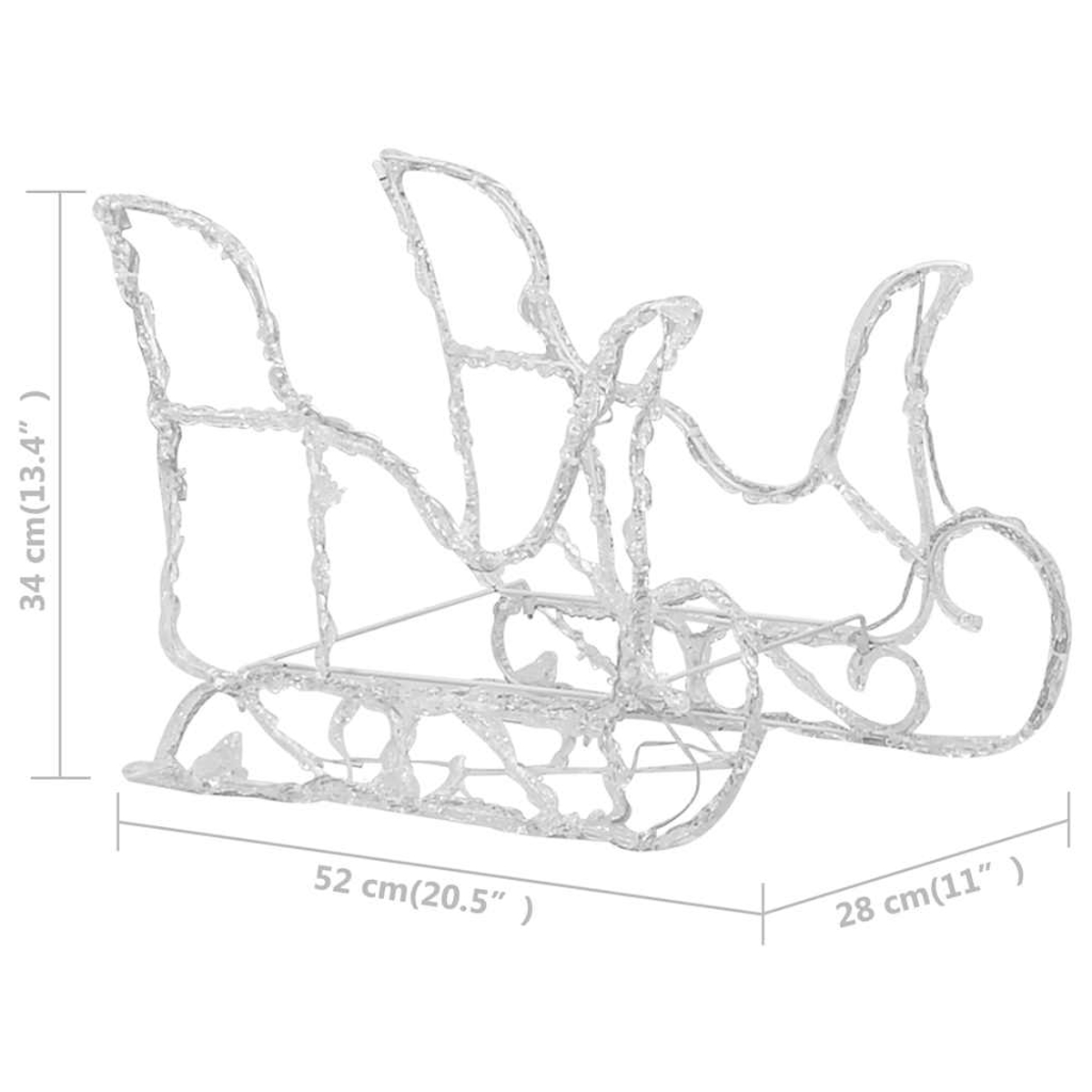 Ein dekorativer, durchsichtiger Drahtgestell-Schlitten. Er ist 52 cm lang, 34 cm hoch und 28 cm breit und hat Kufen und Zierdetails.